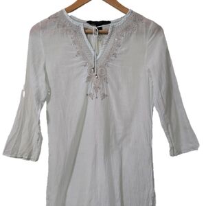 Express Cotton & Silk Embroidered & Embellished Tunic Swim Coverup Light Aqua XS